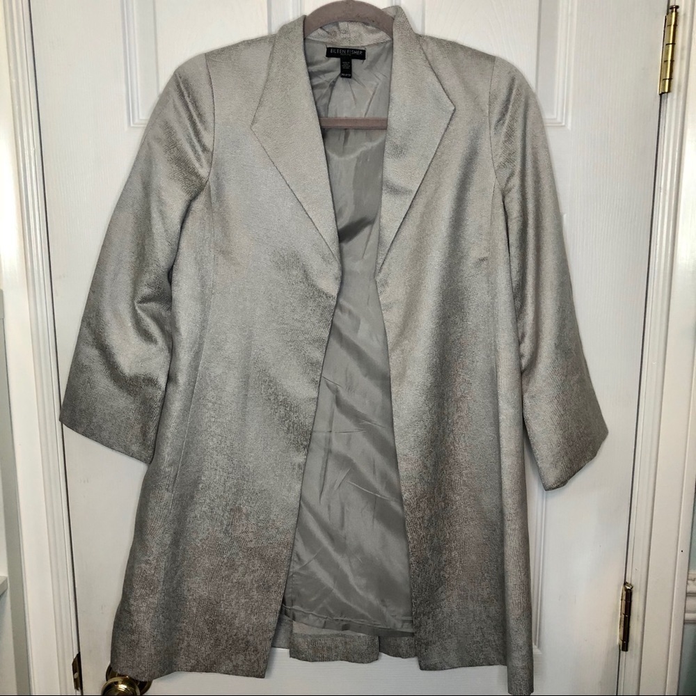 EILEEN Fisher Silver Silk Long Lightweight Open Jacket Cardigan small